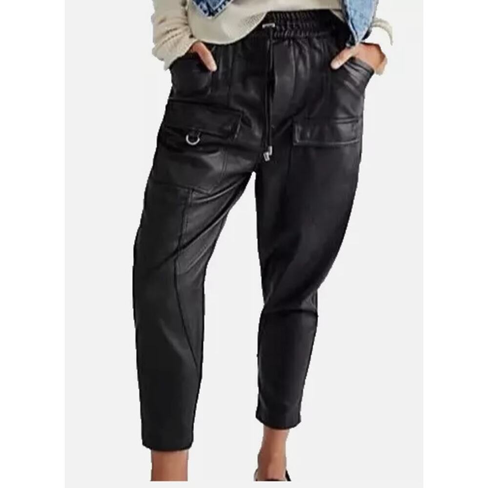 We the Free People City of Angels Black Vegan Leather Elastic Tie Cargo Pants S